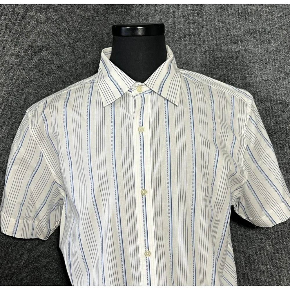 Banana Republic White‎ Blue Striped Button Down Shirt Size L 16-16-1/2